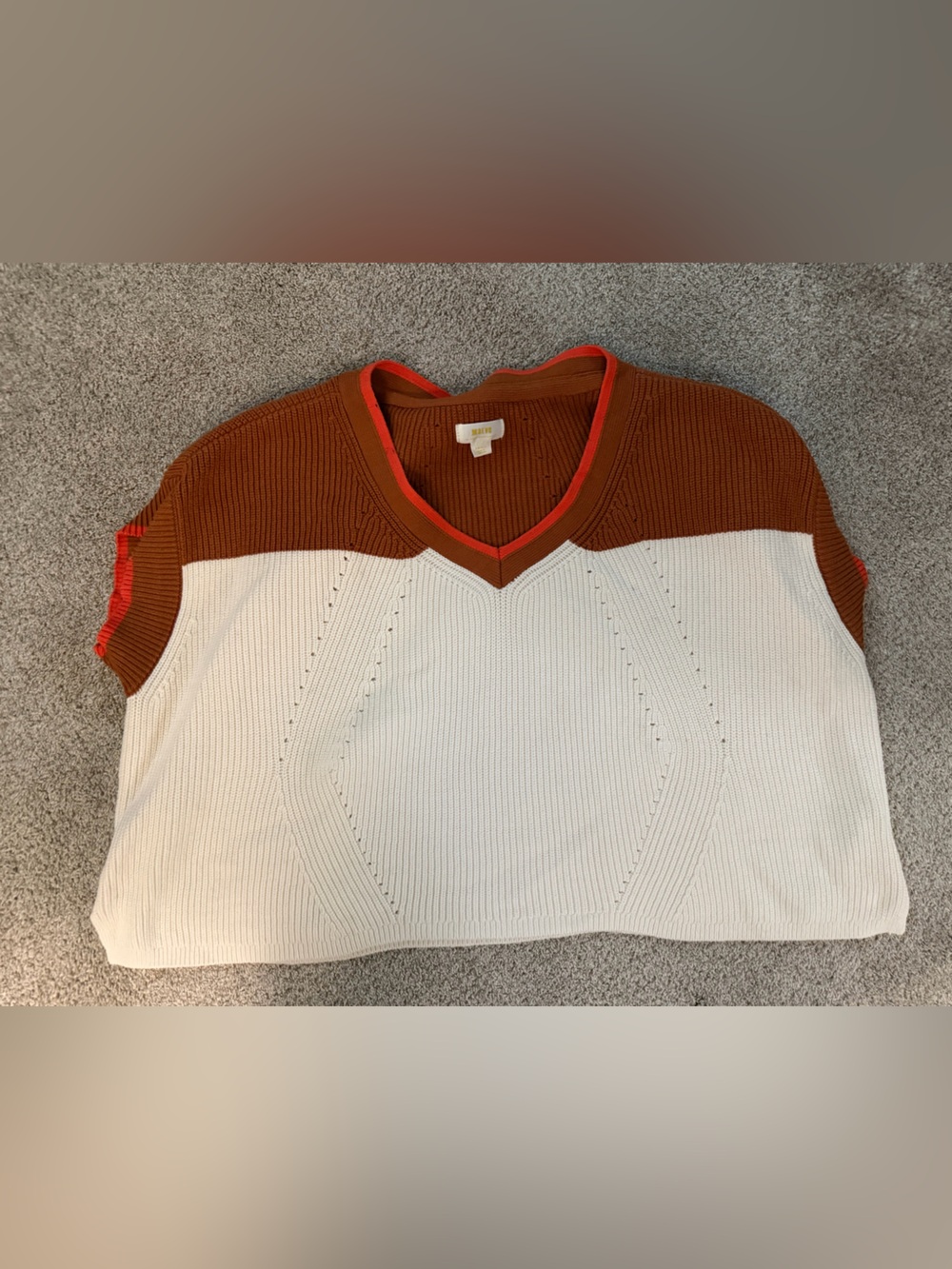 Maeve Two-Tone Knit V-Neck in Cream and Rust with Red Trim
